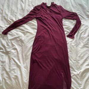 Express Sheath Dress Midi Long Sleeves Sheer High Neck Lined Maroon Womens M